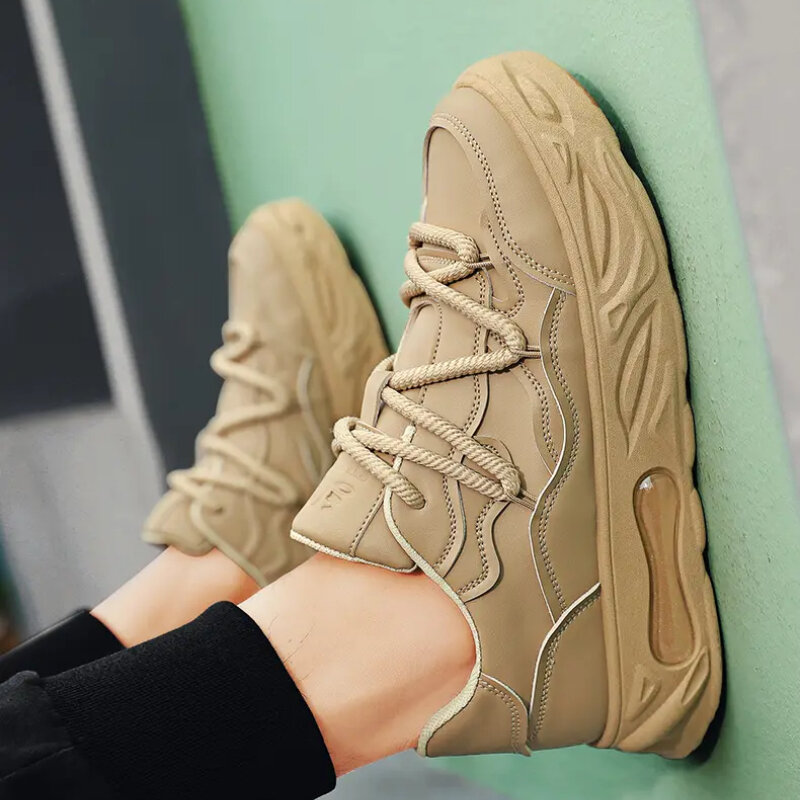 Herren solide Farbe Plattform Sneakers lässig rutsch feste dicke Boden weiche vulkan isierte Schuhe koreanischen Stil Schnür Komfort Trainer