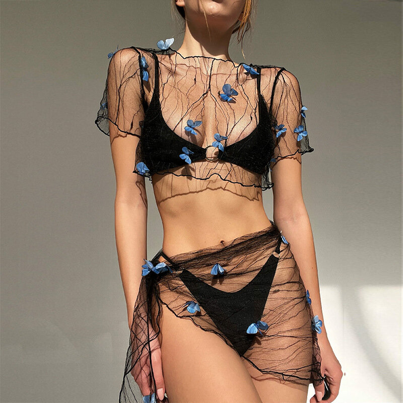 Ensemble de couverture de bikini en maille transparente pour femme, décoration de papillon tridimensionnelle, manches courtes, court, jupe ronde Sarong
