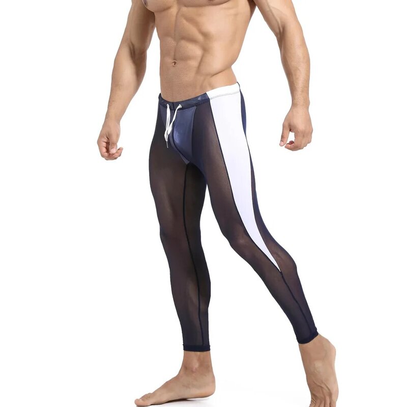 Men Long Pants Thin Nylon Transparent Sexy Gay Underwear Men Tight Legging Long Johns Skinny Fitness Riding Sleep Bottoms