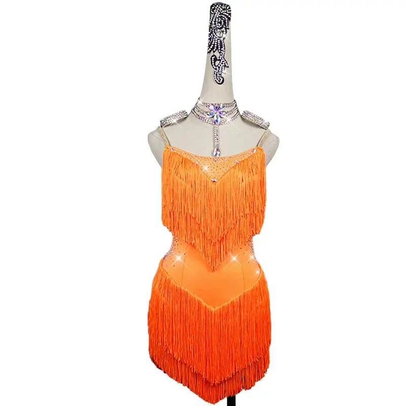 Damskie tańce latynoskie pomarańczowe seksowne frędzle świecące spódnice z kryształu górskiego damskie Salsa Chacha standardowe kostiumy wykonane na zamówienie