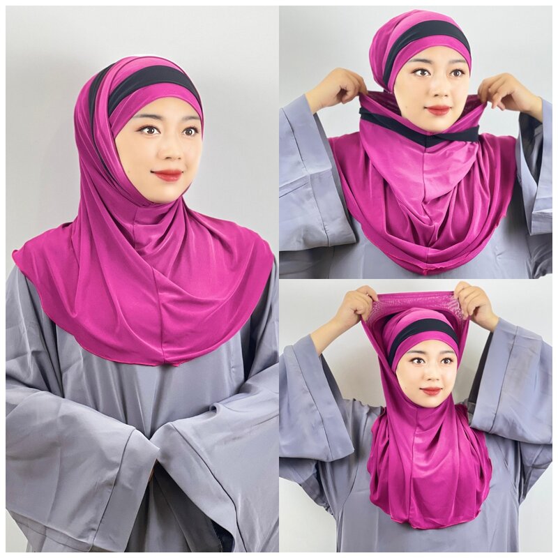 Amira hidżab kobiety islamskie szale na głowę 2 w 1 hidżab szalik 2 sztuka muzułmańskie hidżaby islamskie szale w paski szal Jersey turbany