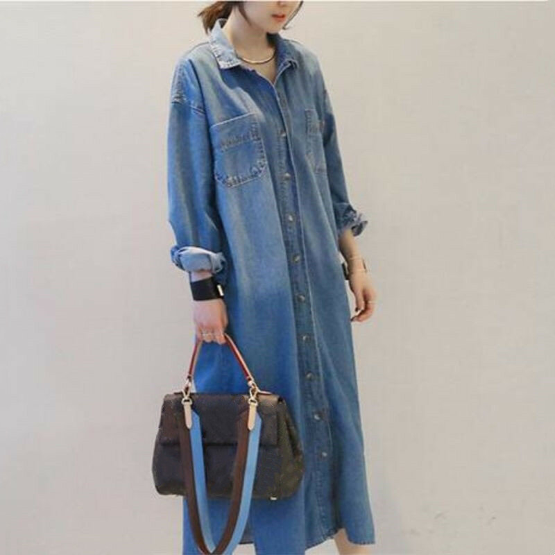 2023 nowa wiosna sukienka jeansowa odzież damska luźna koszula z długim rękawem sukienka damska w stylu Vintage jednorzędowa sukienka jeansowa Maxi