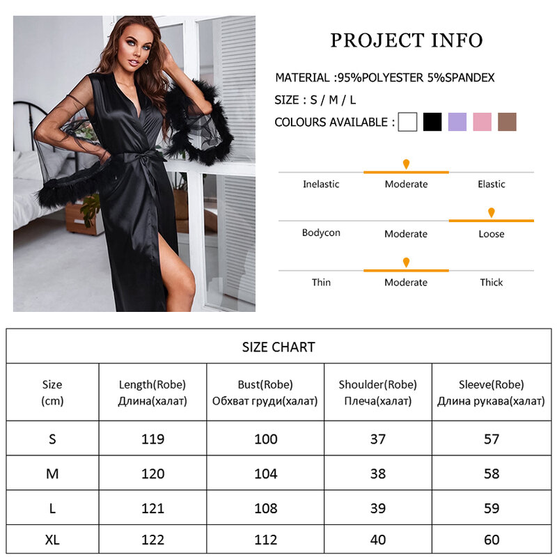 Hiloc See Through Satin Pajamas With Feathers Robes Patchwork Sexy Robe Long Flare Sleeves Sleepwear Women'S Dressing Gown 2022