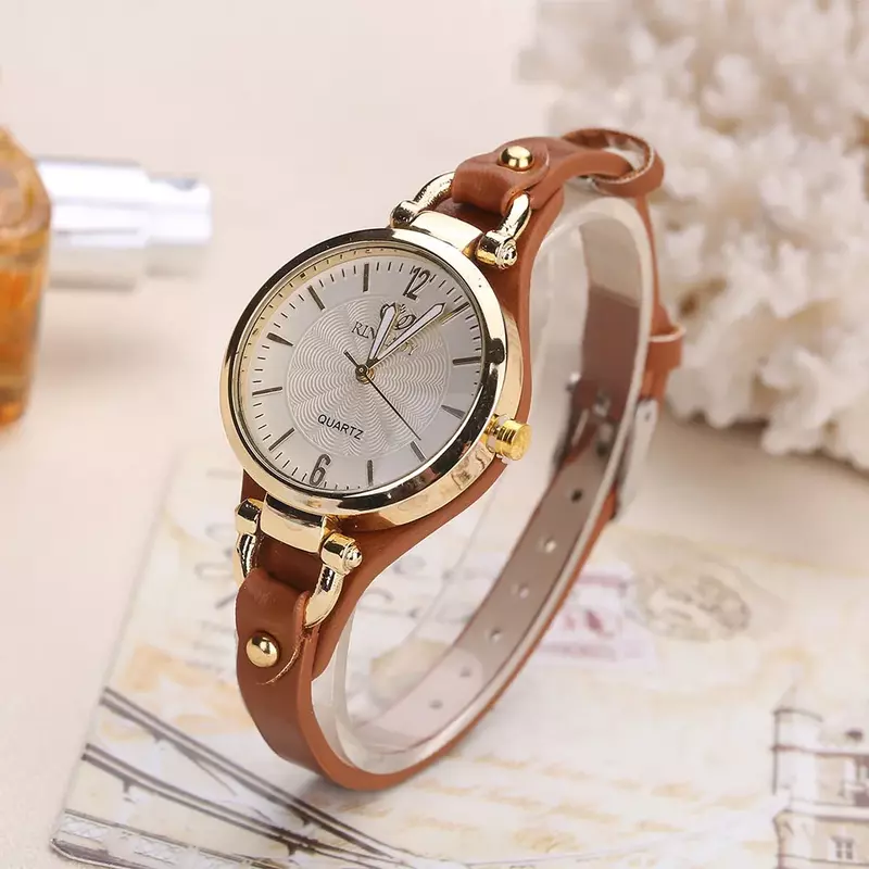 Relógio de pulso feminino redondo casual, pulseira de couro PU, relógio de quartzo analógico feminino, presente rebite, Dropship