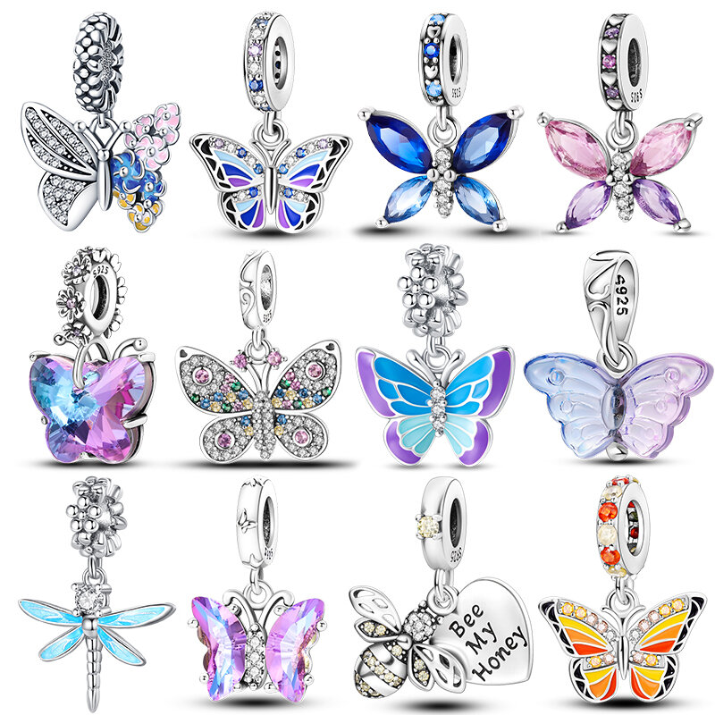 Oryginalna 925 Sterling Silver kolorowe Butterfly Dragonfly wisiorki koraliki Fit Pandora 925 oryginalne bransoletki grzywny DIY tworzenia biżuterii