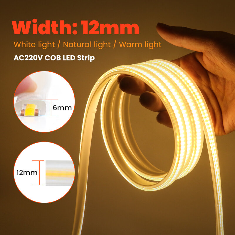220V 110V Dimmable COB LED Strip Light with Switch Plug 288leds/m Super Bright Flexible COB Light Waterproof Outdoor LED Ribbon