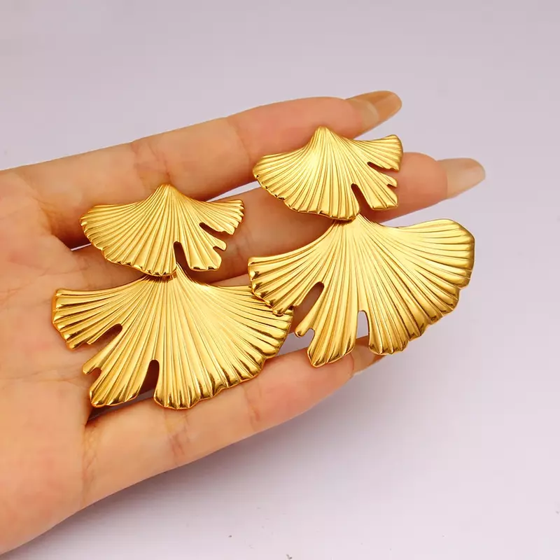 Exaggerated Wrinkled Leaves Stainless Steel Stud Earrings for Women Trendy 18k Gold Metal Ear Accessories Anti Allergic