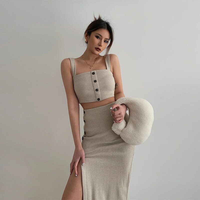 Women's Chic Solid Color Two Pieces Slim Skirt Set Lady Summer Sleeveless Sqaure Neck Crop Tank Top + Split Long Skirt