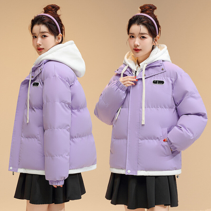 여성용 두꺼운 후드 면 패딩 재킷, 학생 가짜 투피스, 겨울 다운 패딩 재킷, 2023 신상