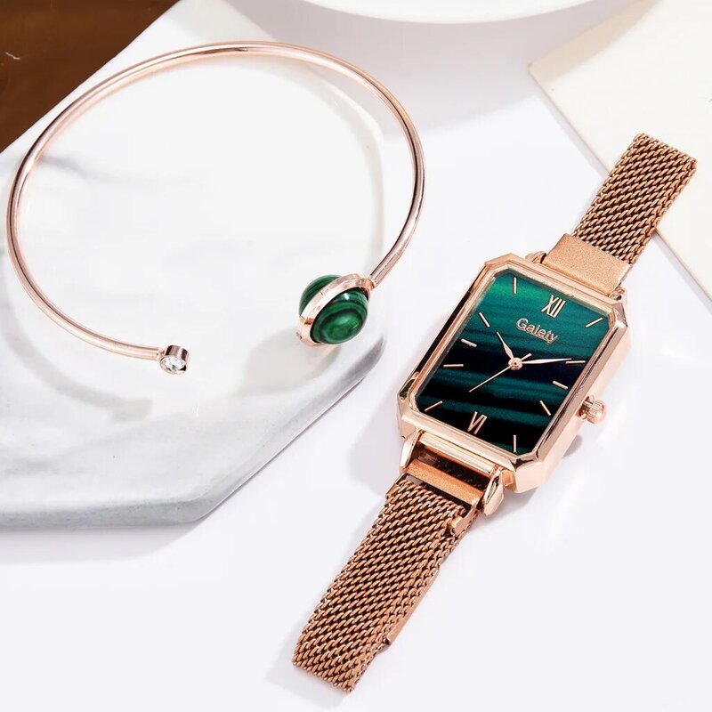 Zielona tarcza proste zegarki damskie klasyczne kwadratowe damskie zegarki kwarcowe damskie zestaw bransoletek siatka z różowego złota moda damska zegarki XFCS