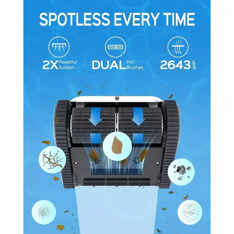 Detergente per piscina robotizzato per piscine a terra fino a 60 piedi di lunghezza, aspirapolvere per piscina senza fili con funzione di arrampicata a parete, pulizia massima