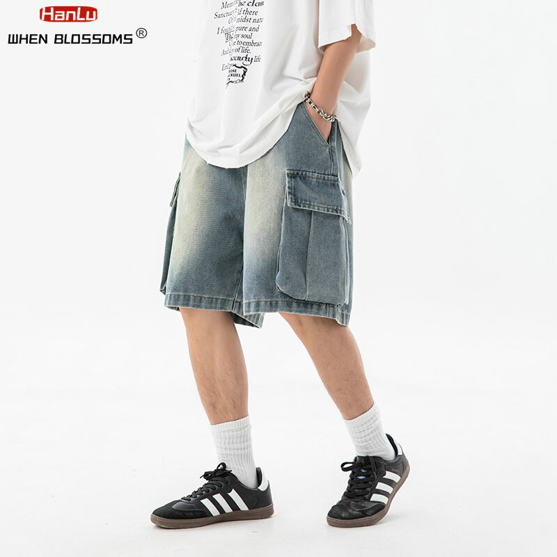 Koreańska moda Męskie szorty jeansowe z szerokimi nogawkami Letnie nowe modne luźne szorty męskie z elastyczną talią Duża kieszeń Cargo