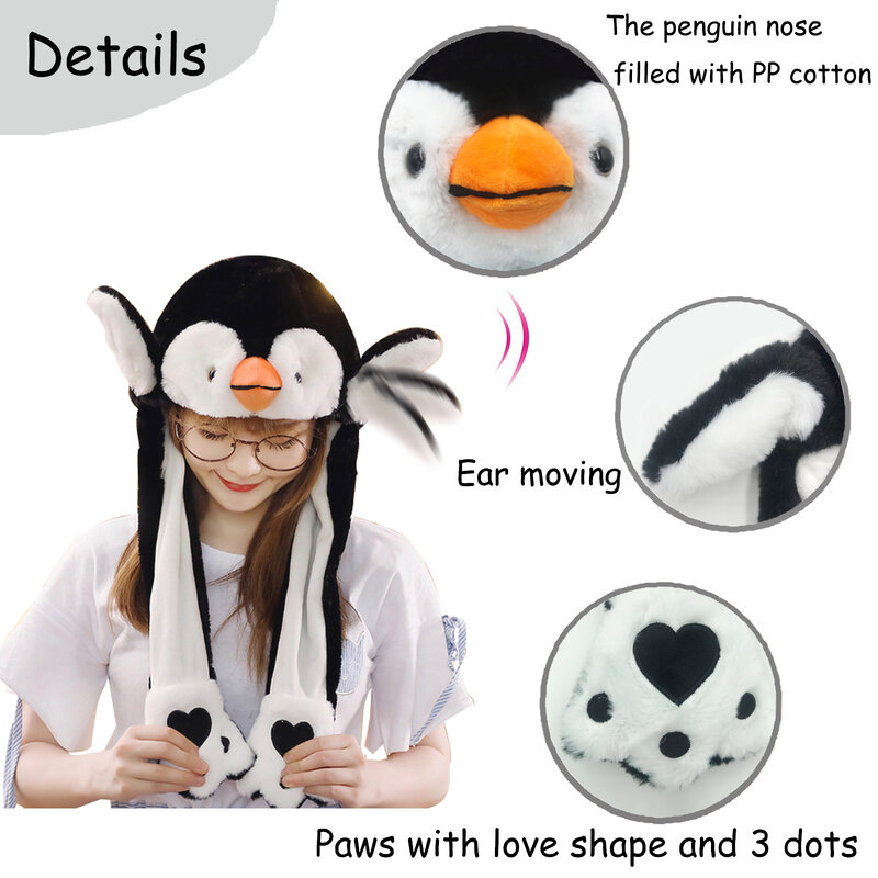 Penguin Ear Move Hat Novelty Animal Plush Toys Hat Ears Jumiping up Hat Cosplay Parties Cartoon Hats for kids Adult  Ear Cap