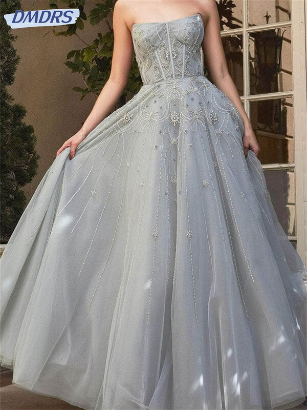 Classic A-Line Beaded Evening Gowns 2024 Elegant Strapless Floor Length Gown Simple Party Dress Vestidos De Novia