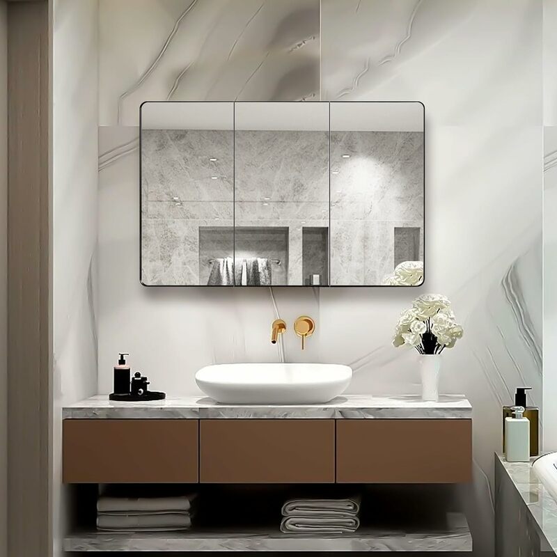 IDYLLOR Black Bathroom Medicine Cabinet with Round Corner Framed Door, 40 x 25.5 inch, Recessed or Surface Mount, with Adjustab