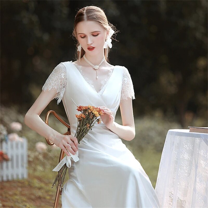 Elegant Lace Satin V-neck A-line Crise-cross Simple Wedding Dresses For Women 2024 Sweep Train Bridal Gown Vestidos De Novia