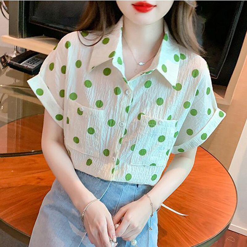 Polka dot chiffon camisa com bolsos para as mulheres, roupas soltas e casuais, manga curta, estilo coreano, verão, novo, 2024