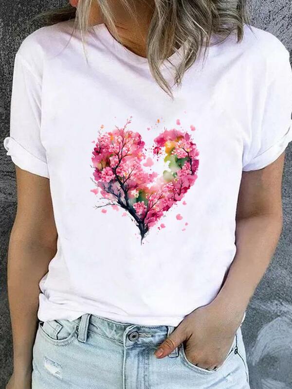 Camiseta de los años 90 con estampado de flores para mujer, ropa básica de manga corta, ropa estampada