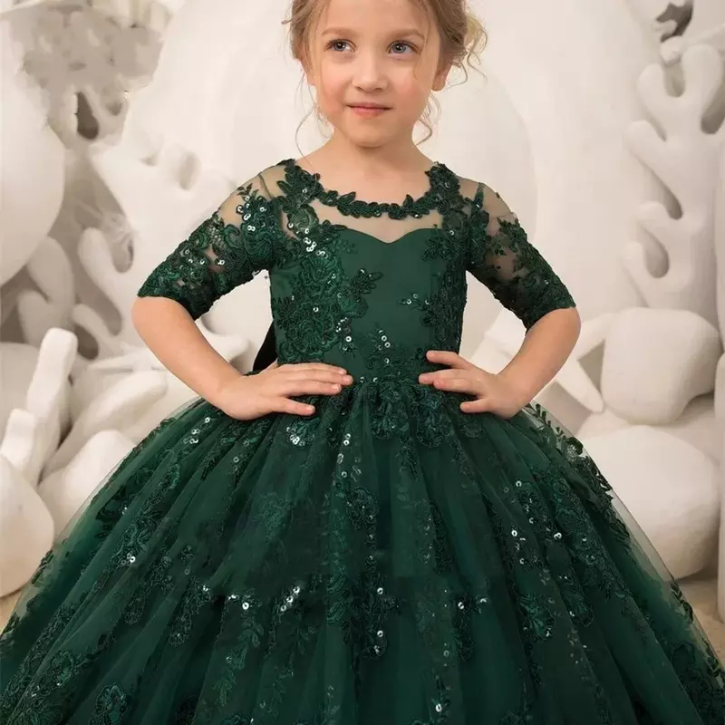 Dark Green Lace Flower Girl Dress Tulle Half Sleeve Sequin Bow Baby Girl Princess Wedding Birthday Party First Communion Dress