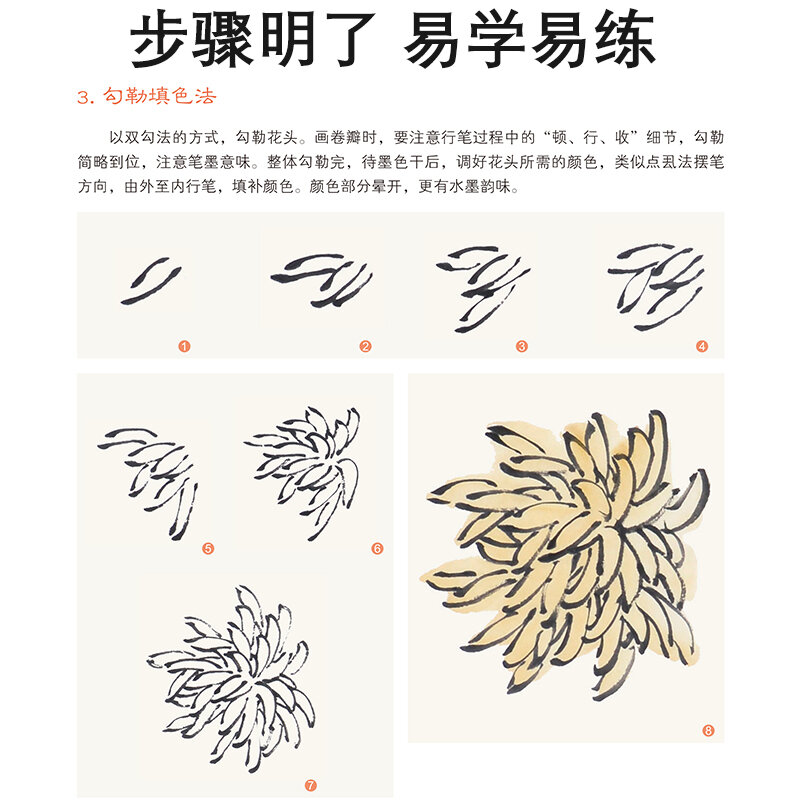 Un Tutorial sobre la estandarización del pincel de mano libre chino con crisantemos de mano libre