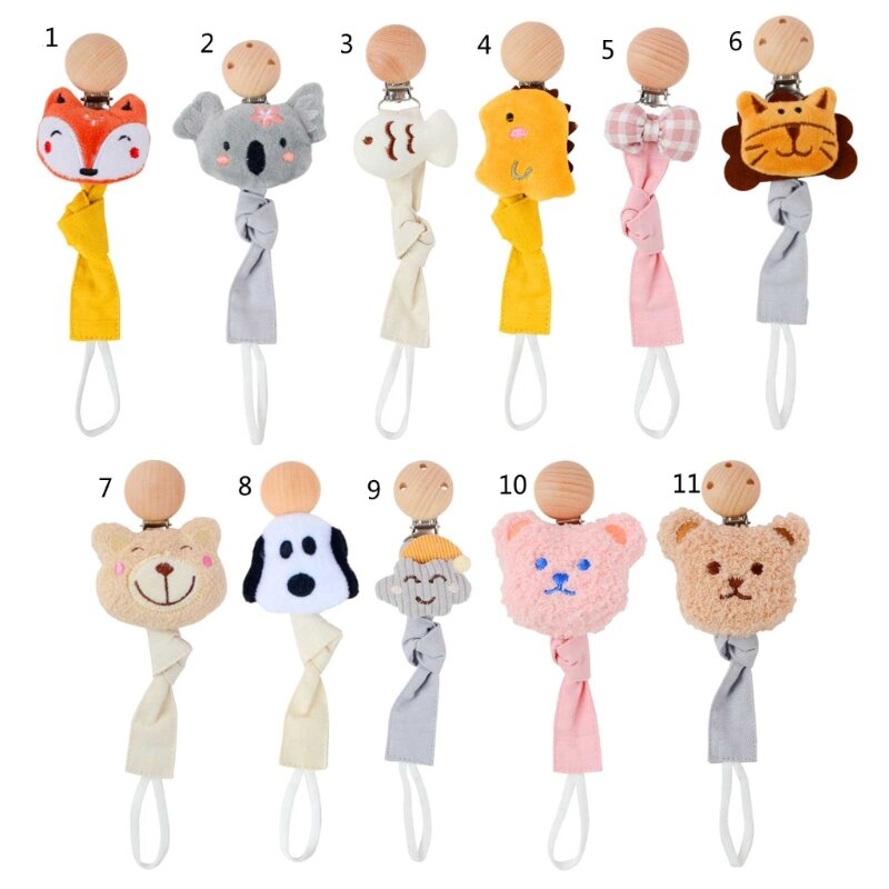 Cute Animal Cotton Pacifier Clips Wooden Dummy Chain Holder Newborn Soother Chains Nipple Holder for Infant Babies