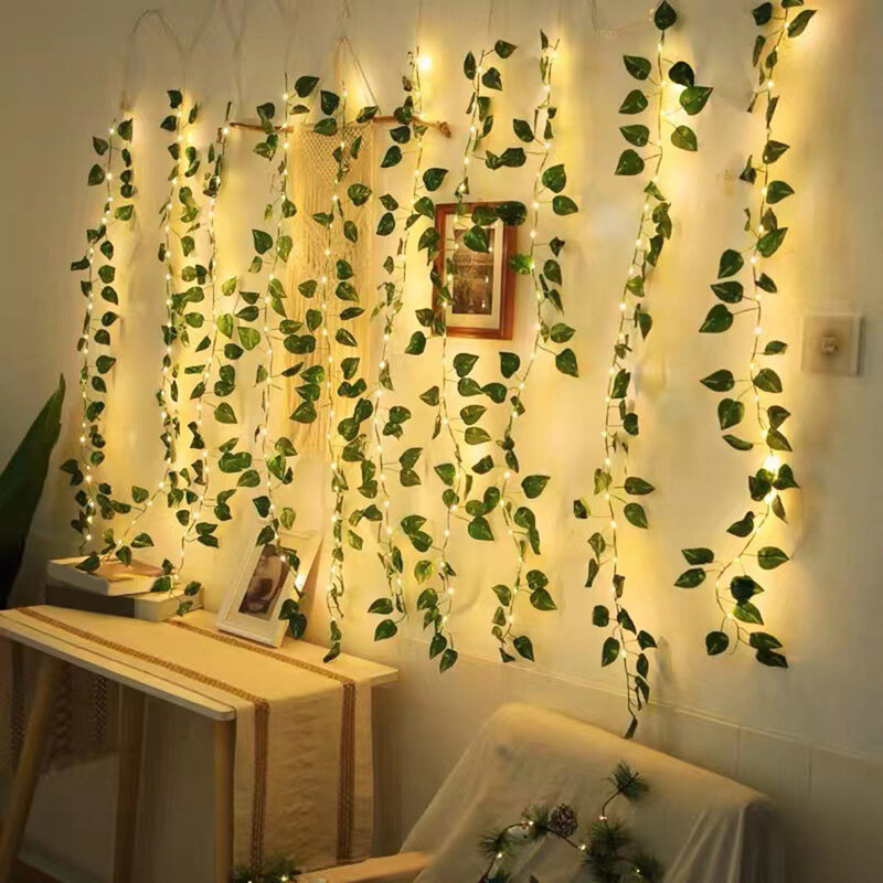 装飾用の緑の葉が付いたLEDライトガーランド,造花,電池式,妖精の照明