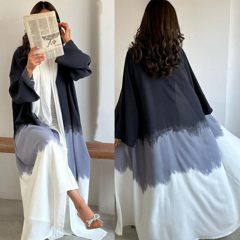 Túnica musulmana con capa teñida con lazo, pantalones largos, vestido cárdigan, Abaya, nueva moda
