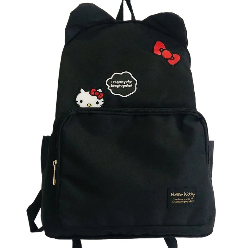 SanrioHello kittyransel tas sekolah wanita, lucu Anime, bordir hitam, kapasitas besar, tas sekolah mode hadiah Harajuku untuk wanita