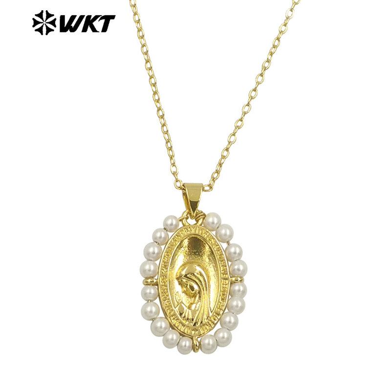 18K banhado a ouro Metal esculpido colar, bronze amarelo, fio artesanal, envolto grânulos de cristal, o rosto beleza, WT-MN995