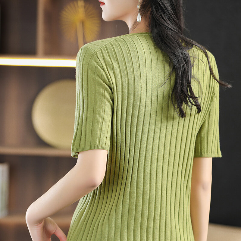 Decote em v de malha de manga curta camisola feminina pulôver estilo ocidental de fundo simples cor sólida all-match curto verão