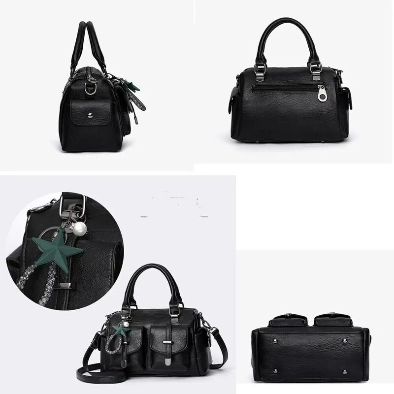 Fashion Shoulder Bags NEW Solid Color PU Leather Ladies Handbags with Pendant Large Capacity Female Messenger Bag