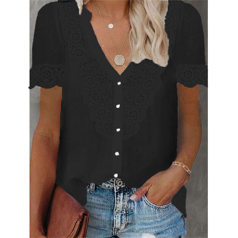 Sexy V-Neck Lace Shirt Blouse 2022 Spring Summer Short Sleeve Ladies Shirt Casual Women Solid Pullover Tops Blusa Streetwear