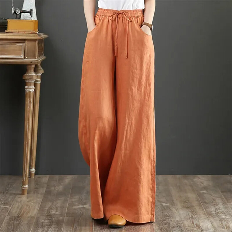 Summer Women's Casual Wide-leg Pants Solid Color Retro Cotton and Linen Casual Loose High Waist Elastic Mopping Straight Pants