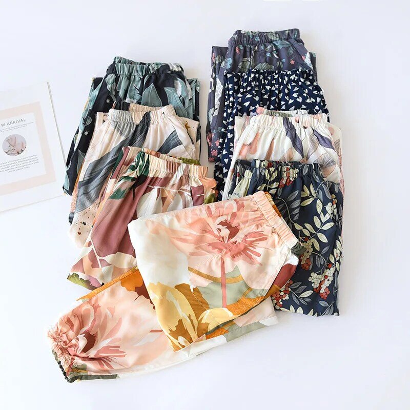 Lato wiskoza Rayon drukowanie kobiet piżama dna elastyczna talia spodnie do kostek kobiet salon nosić spodnie zamknięcia