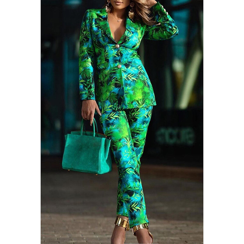 Plus Size Business Casual Pan Set Green Print Lapel Long Sleeve Blazer Suit Two Piece Pant Set
