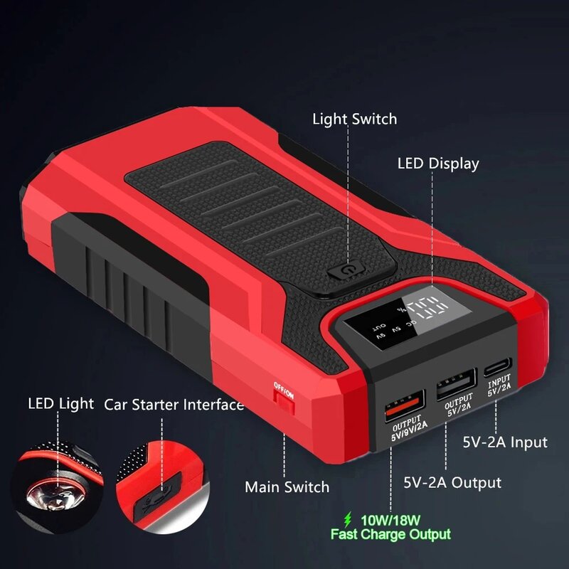 GKFLY 1200A High Capacity 16000mAh 12V Jump Starter Portable Starting Device Power Bank Car Charger For Car Battery Booster