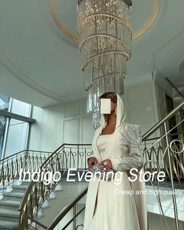 Indigo Hooded Prom Dresses Full Sleeves Crystal Cape Floor-Length Feathers Formal Party Dress For Women 2024 Robe De Soirée