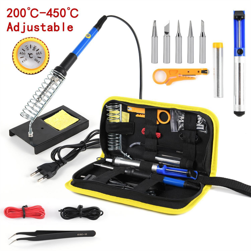Kit de soldador de 220V y 60W, temperatura ajustable, 15 en 1, juego de herramientas con soldador, enchufe europeo, azul, AU opcional