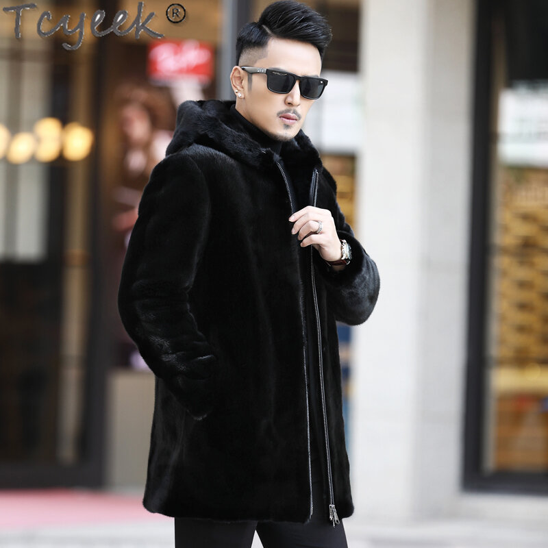 Куртка Tcyeek из натурального меха норки для мужчин, одежда с капюшоном, пальто из натурального меха, зимняя куртка, высококачественное Мужское пальто из цельной норки 2023