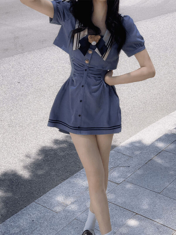 Japan JK Women Trendy Preppy Style Bow Sweet Chic Short Sleeve Dresses Summer Vintage Square Neck Button Slim Midi Dress