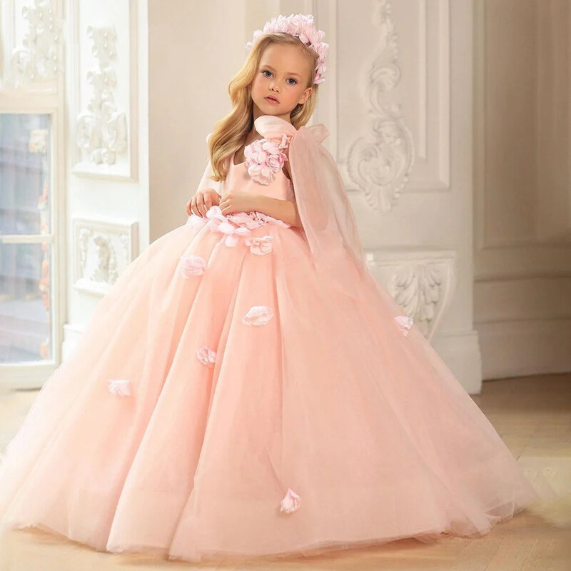 Tulle Puffy 3D Applique Flower Girl Dress Sleeveless Floor Length For Wedding Birthday Party Dress First Communion Ball Gowns
