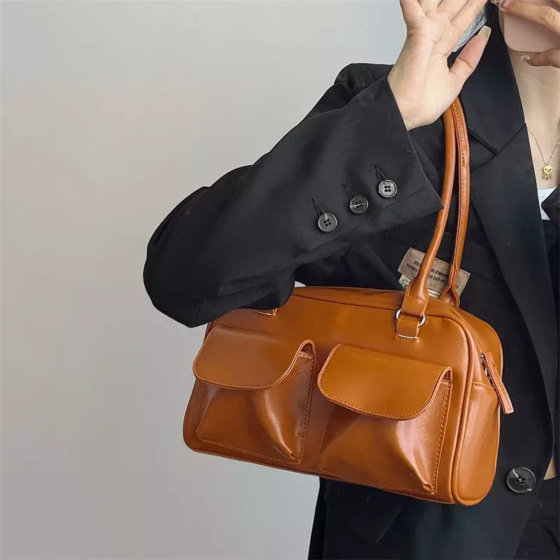 Vintage Women Business Shoulder Bags Simple Ladies Commute Tote Bag Pu Leather Female Underarm Bag Burgundy Large Handbags Purse