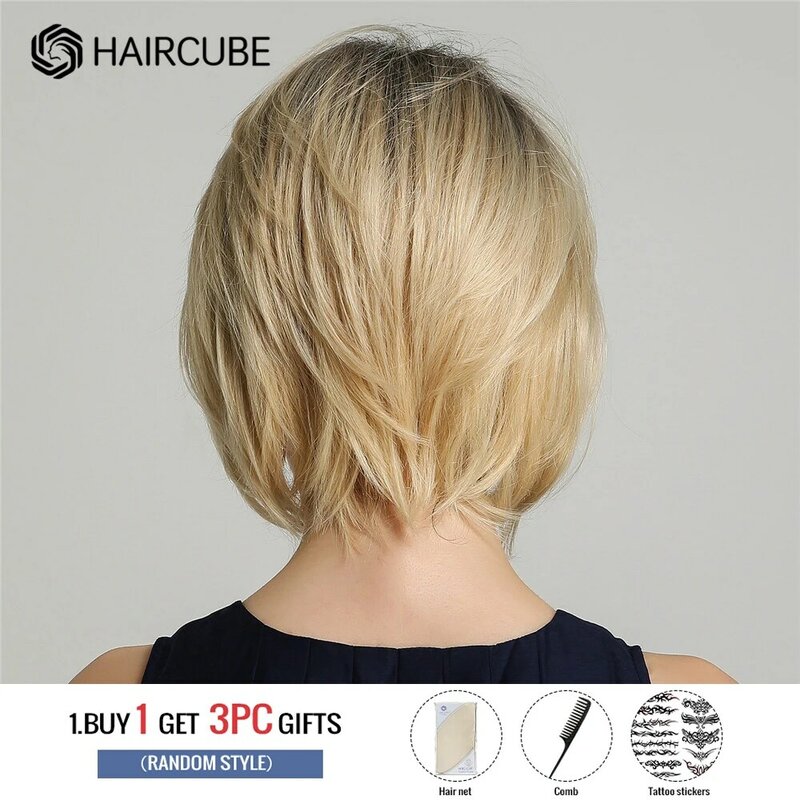 HAIRCUBE-Peluca de cabello humano para mujeres blancas, Pelo Corto con flequillo, color rubio degradado, Natural, resistente al calor