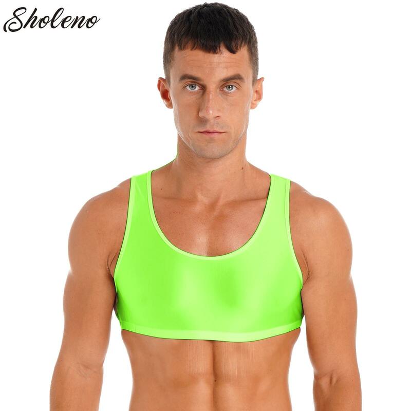 Mens Glossy Cropped Tank Top Solid Color Sleeveless Vest Tops Sports Gymnastics Workout Yoga Fitness Tops Swimwear Nightwear