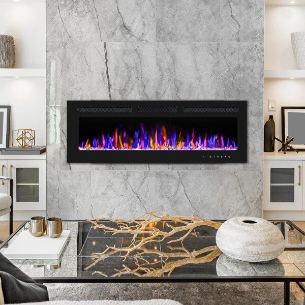 50" Electric Fireplace Wall Mounted and Recessed with Remote Control, 750/1500W Ultra-Thin Wall Fireplace Heater