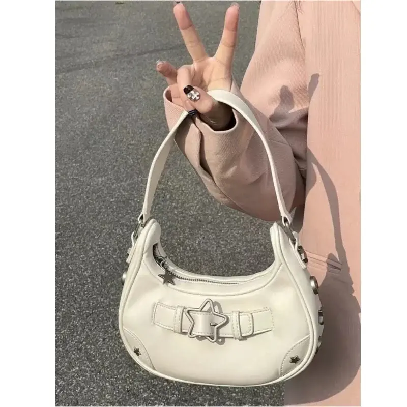 Fashion Vintage Korean Casual Cute White Star Shoulder Underarm Tote Bag Ladies Sling Bags Leather Zip Purses  Handbags Women