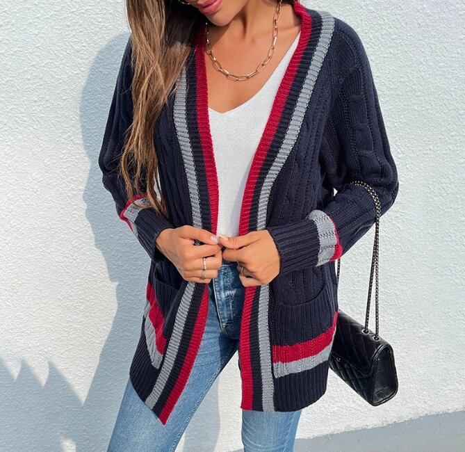 Sweter damski 2023 dziewczęcy styl moda Casual średniej długości pasiasta kieszeń sweter dziergany codzienny sweter z długim rękawem
