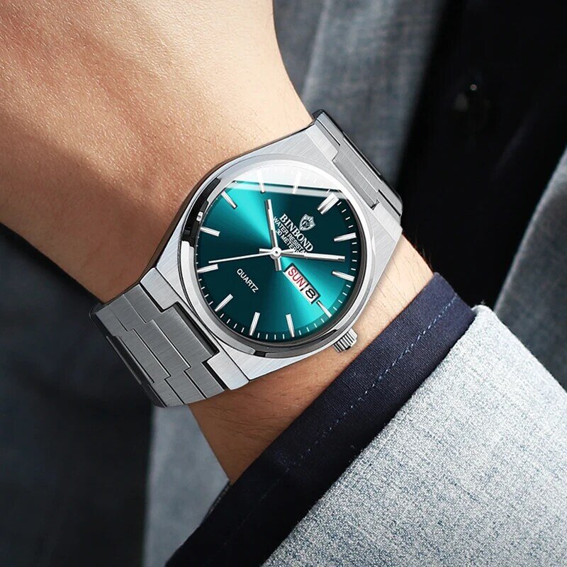 Binbon jam tangan kuarsa pria, arloji mewah tahan air tanggal pekan bercahaya Stainless Steel olahraga Reloj