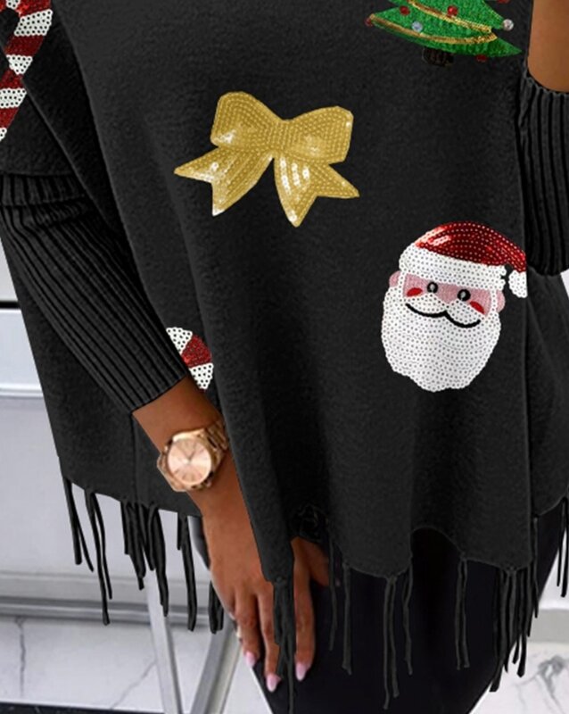 Suéter de lentejuelas en contraste con patrón de corona de Papá Noel de Navidad, camisetas informales, Jersey, Tops, nueva moda, otoño, invierno, primavera, 2023