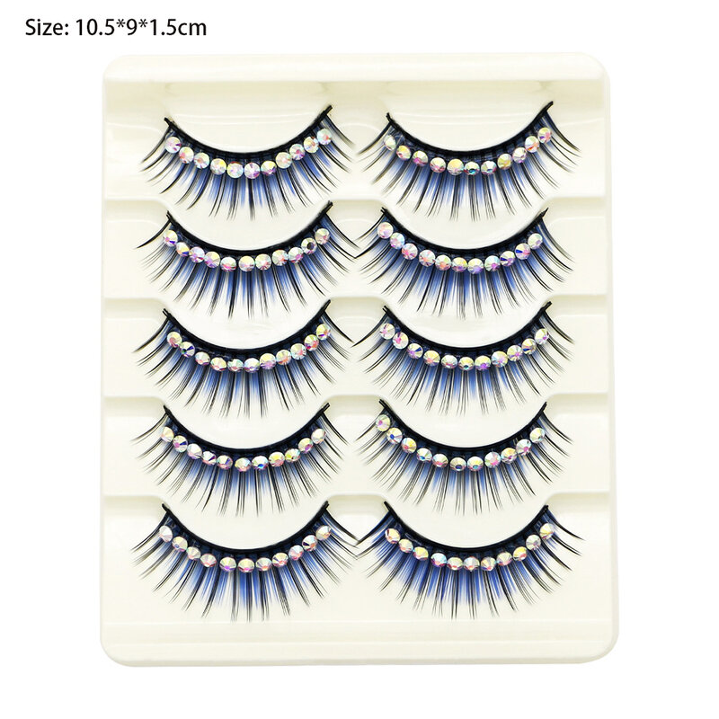 5 Pairs Colored Thick False Eyelashes With Diamond Exaggerated Stage Performance Lash Extension Makeup Tool For Festival Party
